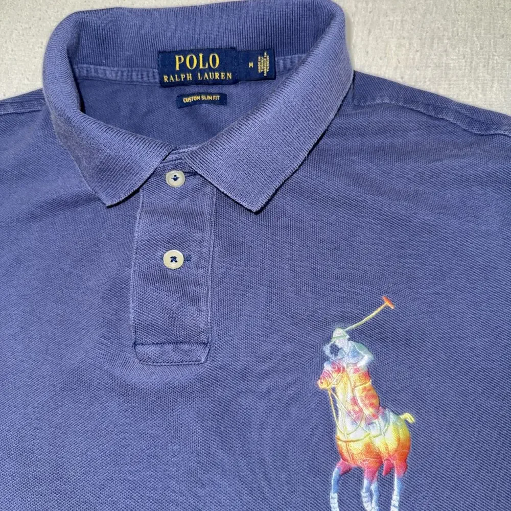 RARE Ralph Lauren Custom Classic Fit M Rainbow Big Pony Polo Shirt Mens Navy